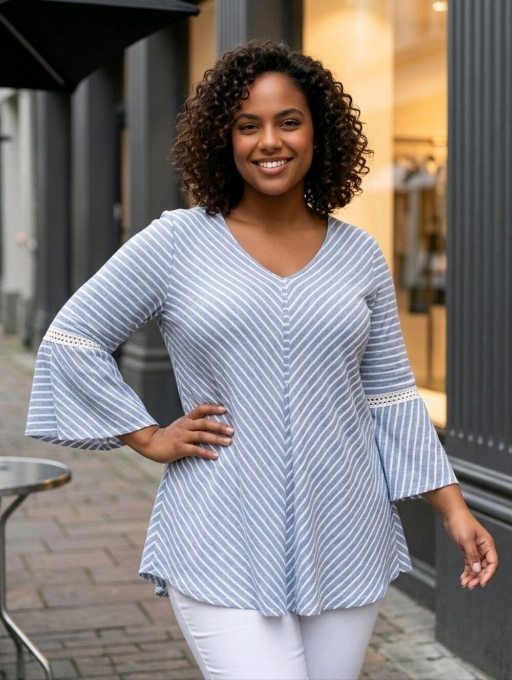 New Directions Curvy Tunic 1X Blue Stripe Bell Sleeve Boho Coastal Plus Top